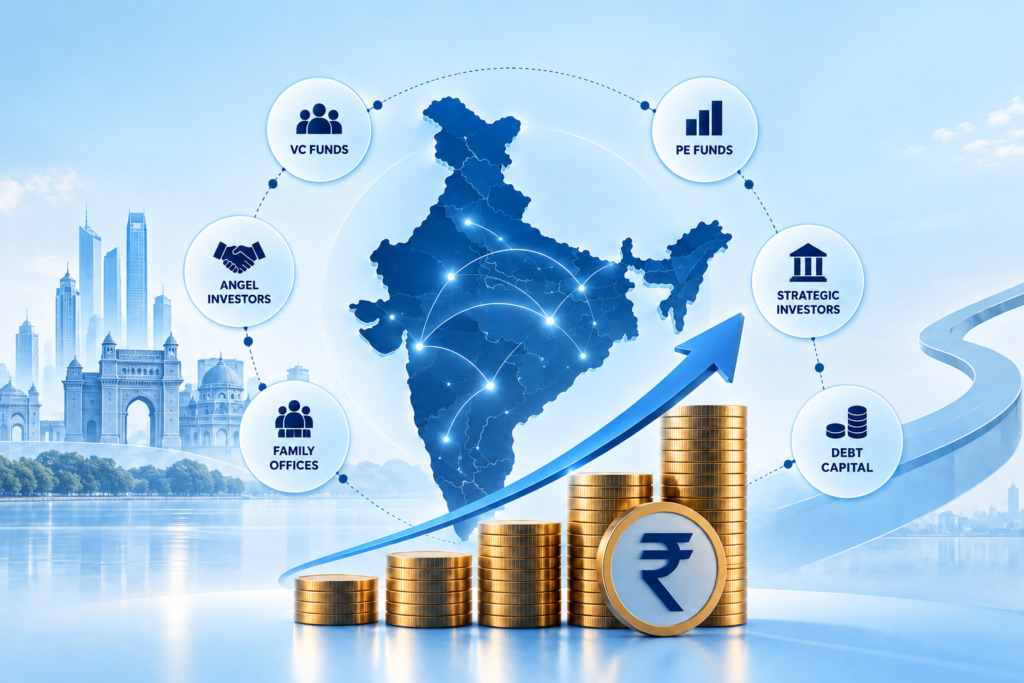 Illustration of India’s investment landscape featuring VC funds, PE funds, angel investors, family offices, strategic investors and debt capital as key sources of funding for businesses and growth.