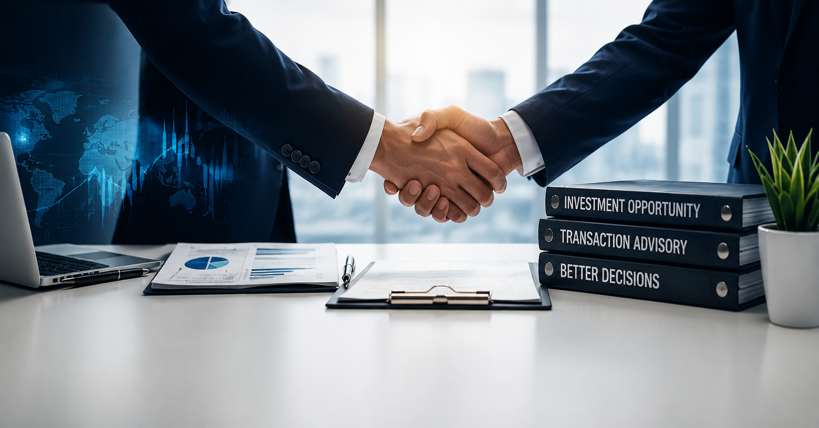 Business professionals shaking hands over financial documents, symbolizing investment opportunities and transaction advisory, with a financial market display and books on better business decisions in the background.