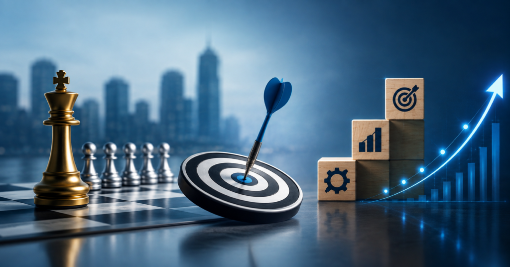 Strategic business growth concept featuring a chess king, target with dart, growth blocks, and an upward-trending graph symbolizing investment strategy, value creation, and mid-market private equity growth.