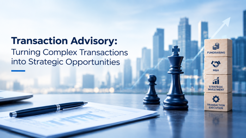Investment banking and transaction advisory concept featuring strategic decision-making, alongside wooden blocks representing fundraising, mergers and acquisitions (M&A), strategic investment, and transaction execution, set against a modern corporate skyline with rising financial charts, blue tones, and financial reports.