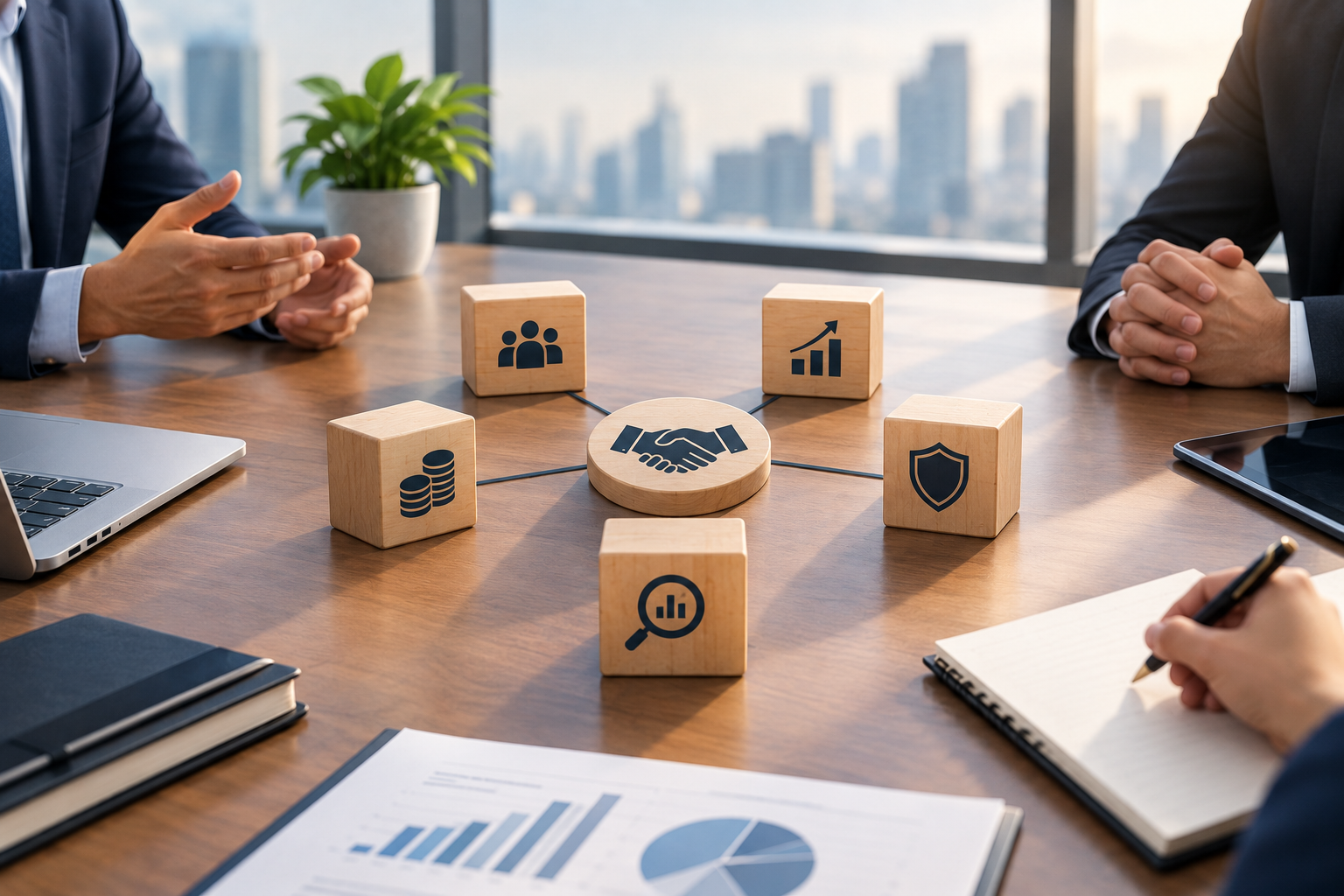 Investment banking professionals discuss financial strategy around a conference table, with wooden blocks symbolizing client relationships, financial growth, risk management, capital allocation, and market analysis, alongside financial reports, charts, and business documents.