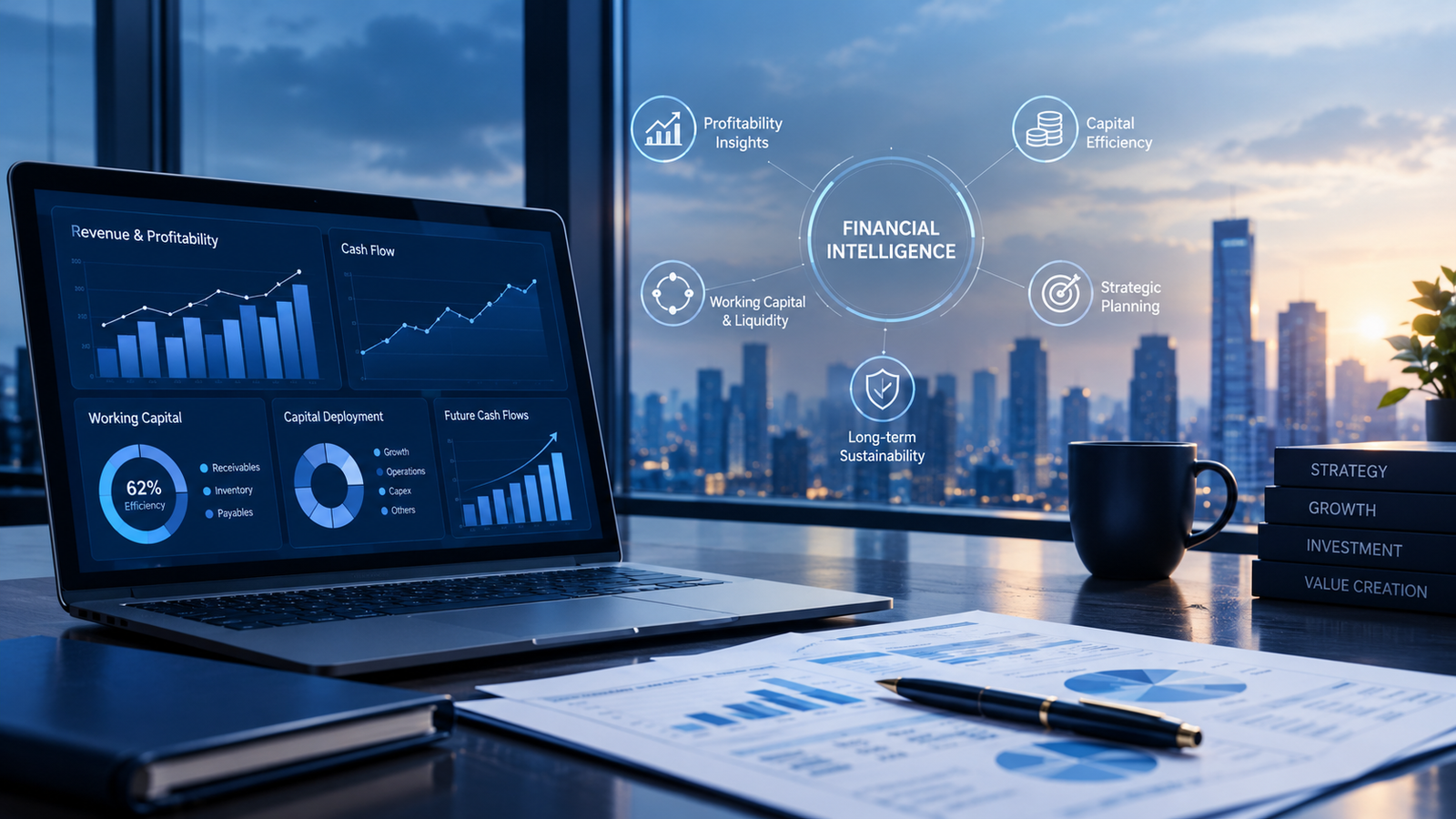Financial intelligence dashboard displaying profitability, cash flow, working capital, capital deployment, and future cash-flow projections, illustrating data-driven financial advisory and strategic business decision-making.