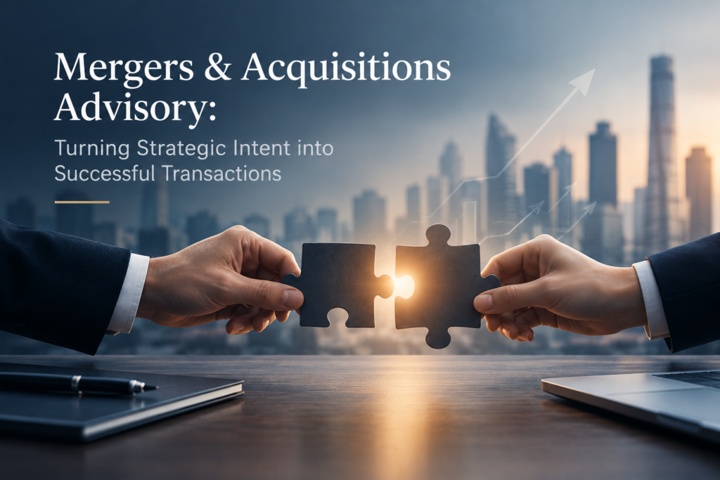 Mergers and acquisitions advisory concept featuring two business professionals connecting puzzle pieces, symbolising business integration, strategic alignment, and value creation through successful M&A transactions.