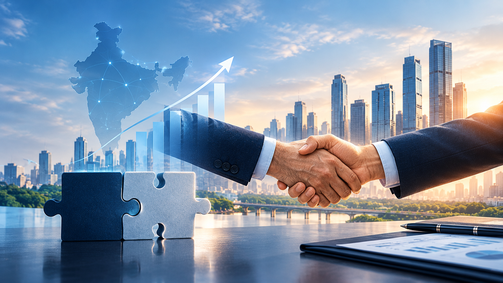 Business professionals shaking hands, symbolizing a merger or acquisition, with puzzle pieces representing business integration, a rising growth chart, and a city skyline illustrating strategic expansion and value creation through M&A.